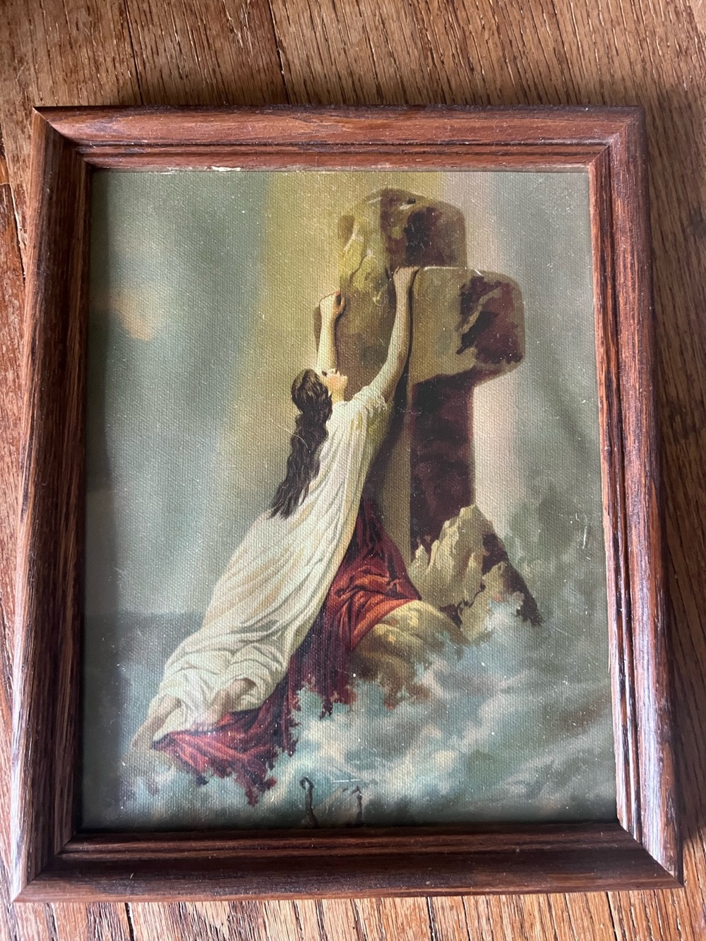 Woman clinging to cross vintage print Christian religious sacred art